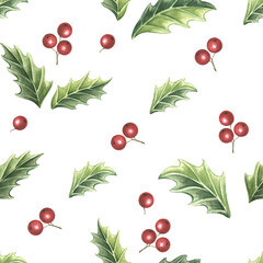 Watercolor holly green leaves and red berries seamless pattern for Christmas design. Hand-drawn illustration symbol traditional plant in vintage for winter holiday decor. Fresh forest plant background
