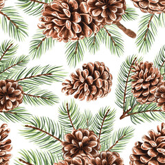 Watercolor pine branches with cones, seamless pattern for Christmas design. Hand-drawn illustration spruce twigs for winter holiday decor. Conifer plant natural background for wallpaper, textile, card