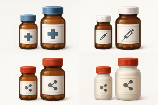 Collection of medicine bottles with various healthcare symbols on labels