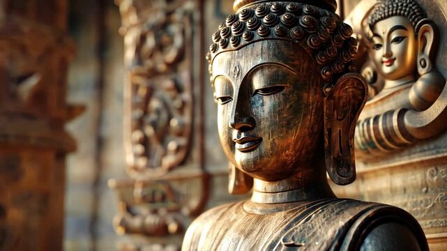 Serene Contemplation: An intimate portrait of a wooden Buddha statue exuding a sense of peace and tranquility, embodying the spirit of meditation and mindfulness.