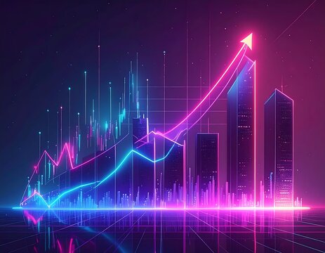 Neon graphs and buildings represent financial growth