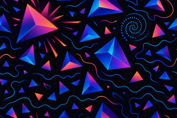 Abstract geometric background featuring vibrant pyramids and neon wave patterns