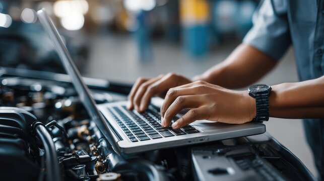 An Automotive Mechanic Utilizing a Laptop to Diagnose and Repair Complex Vehicle Issues in a Well-Equipped Garage Environment