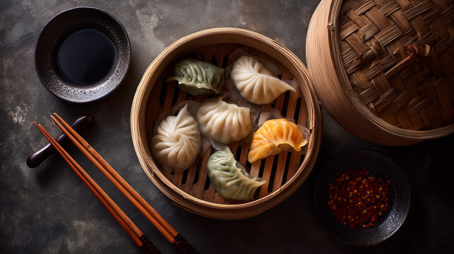 Traditional Chinese dim sum basket with assorted steamed dumplings and chopsticks on a dark textured surface, representing authentic Asian cuisine and culture.