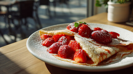 French crepes filled with fresh strawberries and topped with powdered sugar, served on a plate in natural light, perfect for dessert, breakfast, or cafe visuals.