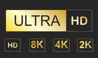 Fototapeta premium Video resolutions full ultra HD, video quality badge sticker icon. Video resolution set. 8k 4k 2k hd