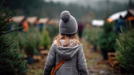 A Young Child in a Cozy Hat Exploring a Lush Christmas Tree Farm Under a Gloomy Sky Surrounded by Evergreens and Festive Market Atmosphere