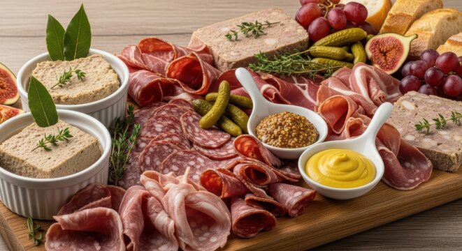 Assorted charcuterie board with meats pickles mustard and p&acirc;t&eacute;