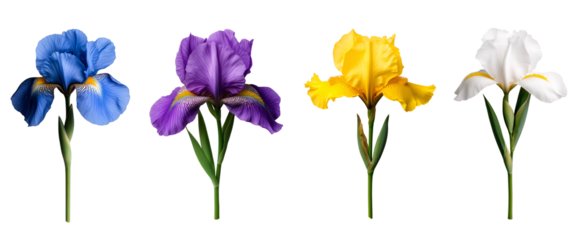 set of blue yellow white purple iris with slender petals isolated on transparent background	