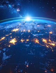 Orbital view of planet Earth, lit cities, and the starry cosmos