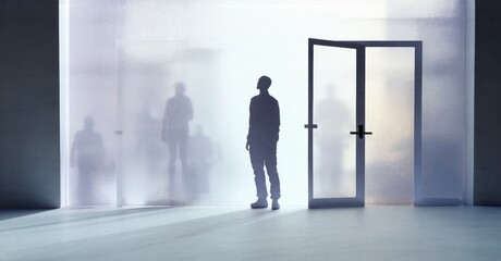Fototapeta premium Silhouette stands before frosted glass doors. Figures blur beyond, suggesting transition, mystery, perhaps hope or uncertainty. Minimalist scene evokes introspection.
