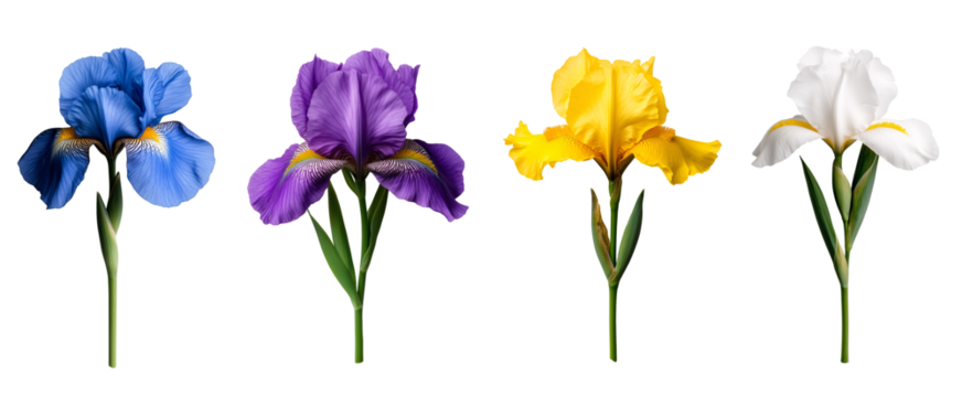 set of blue yellow white purple iris with slender petals isolated on transparent background	