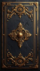 Ornate gold filigree adorns a dark, textured rectangular panel