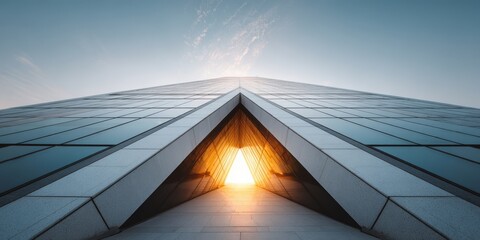 Low angle view of a modern skyscraper with a triangular opening and sunlight shining through, creating a sense of aspiration