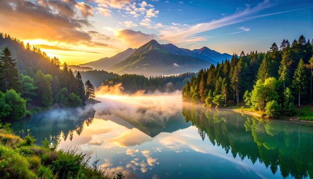 Scenic lake view, misty morning, reflecting mountains at sunrise