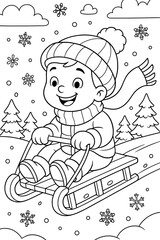Happy boy sledding down snowy hill with trees and snowflakes - Concept of children's coloring  