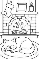 Cat sleeping on rug in front of fireplace with Christmas decorations  for coloring  