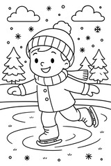 Child skating on ice in winter scenery with snowflakes and trees  for coloring  