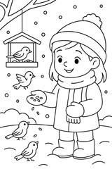 Young girl feeding birds in winter while smiling outdoors, concept of coloring pages  