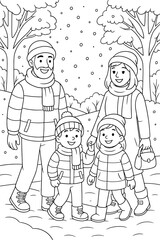 Family walking together in winter snow scene for kids coloring  
