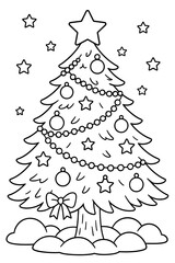 Decorated Christmas tree coloring page with stars and ornaments  