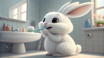 Cute Rabbit Brushing Teeth Fluffy White Cotton Concept Art