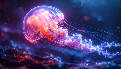 Luminescent jellyfish, swimming in a glowing, starry ocean