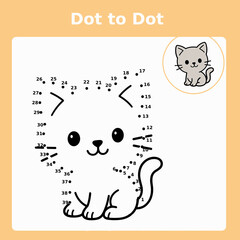 Cute cat dot-to-dot coloring page for children and kids' activities  