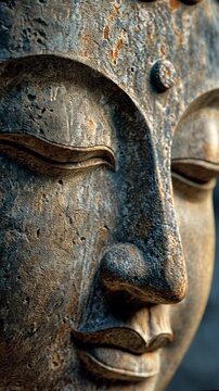 Serene Contemplation: An intimate close-up of a weathered stone Buddha statue, eyes gently closed in meditation, embodying peace and spiritual depth.