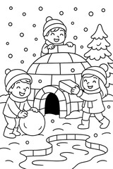 Children building a snow fort and playing outside in winter for coloring   