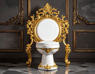 Ornate toilet with gilded details against a dark backdrop