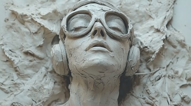 Sculpted face with headphones and goggles emerging from textured surface a clay like fusion of serenity and immersion blending realism with abstract terrain in meditative techno poetic form