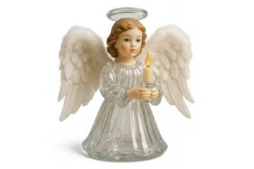 Christmas angel figurine holding a lit candle, transparent background, symbolizing peace, hope, and spirituality