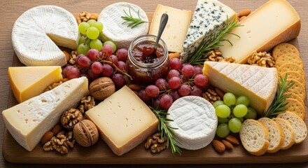 Assorted cheese platter with grapes, nuts, crackers, and jam on wooden board