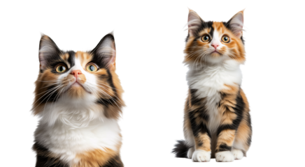 set of close up portrait of sit cat, grey, white, ginger kitty with long hair isolated on transparent background	