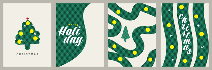 Minimalist Geometric Christmas Card Set with Green Plaid Pattern. Merry Christmas and Happy New Year Greeting Card, Banner, Poster, or Cover Templates