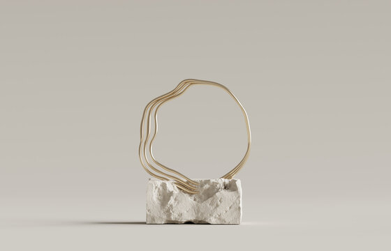 3D podium stone display on pastel beige background. Rock, cosmetic beauty product promotion pedestal with sun shadow and gold frame. Nature landscape showcase . Abstract minimal studio 3D render