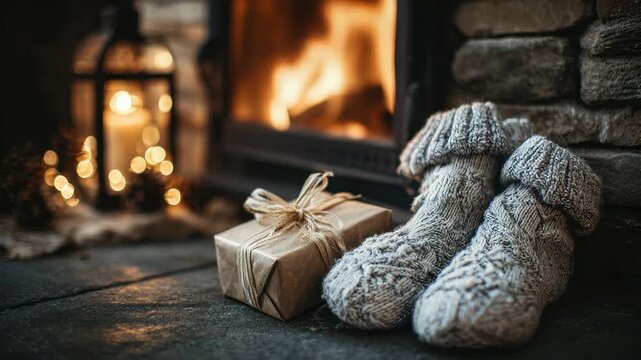 Cozy winter scene with warm slippers and gift by crackling fireplace