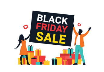 A dynamic black friday sale scene with shoppers and gifts, , capturing the excitement of holiday shopping season