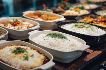 Obraz premium Variety of flavorful rice dishes served on a buffet table at a lively food event during the evening