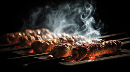Middle Eastern kebabs grilling over hot charcoal with smoke rising in the air, capturing the rich aroma, texture, and warmth of traditional barbecue cuisine.