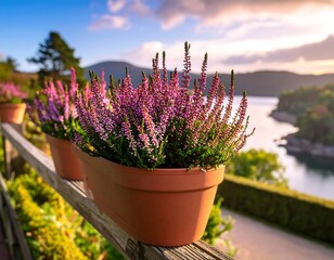 Pink flowering plants in pots on a wooden fence overlooking water
