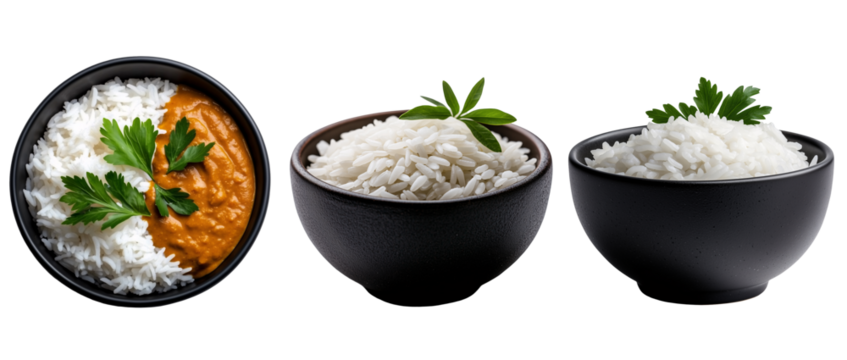 A bowl of steamed white rice with parsley leaf isolated on transparent background	
