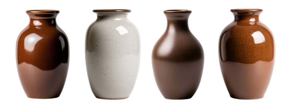 set of vintage ceramic brown vase with a simple design isolated on transparent background	