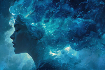 A woman with long, flowing, blue hair in the night sky. Mental health concept.
