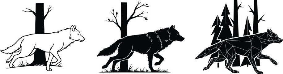 Wild wolf walking silhouette illustration in forest nature landscape, geometric wildlife predator design, animal vector art isolated style