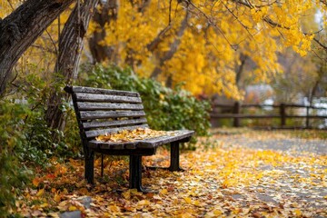 Naklejka premium Empty park bench surrounded by colorful autumn leaves in a serene setting