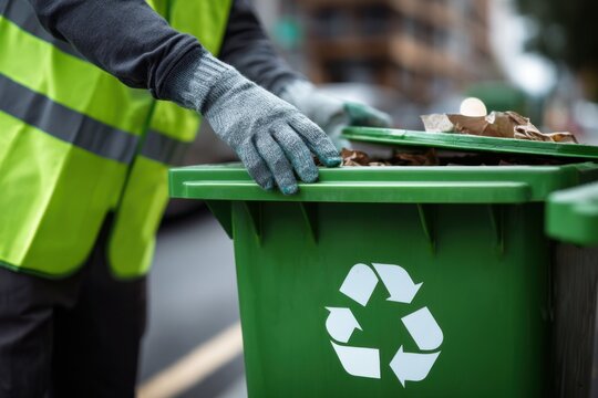 Sanitation worker collects recycling materials from a green bin in the city during daylight hours