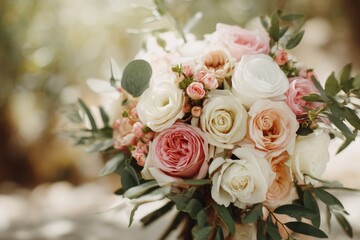 Beautiful bridal bouquet featuring delicate pastel roses and greenery, perfect for a romantic wedding ceremony in a garden setting during spring