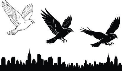 Flying bird silhouettes over modern city skyline urban nature vector illustration set of sparrows in flight above buildings